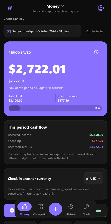 RatePocket Money screen with example data: $2,722.01 of the monthly budget left.
