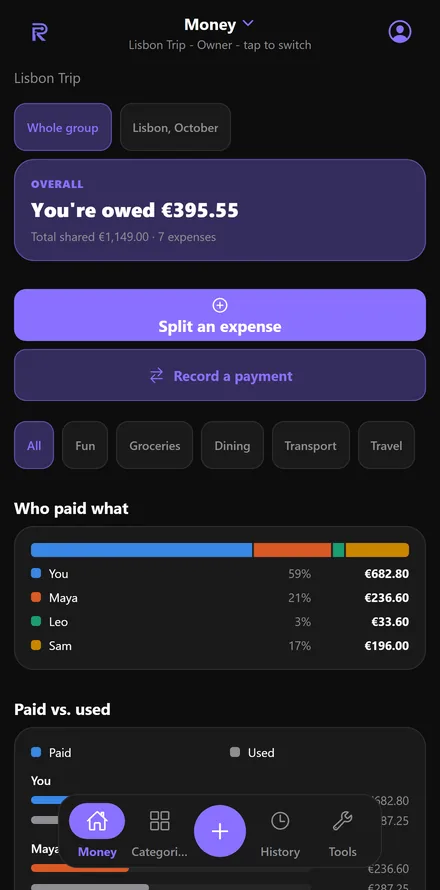 RatePocket Split group with example data: you're owed €395.55 for a trip.